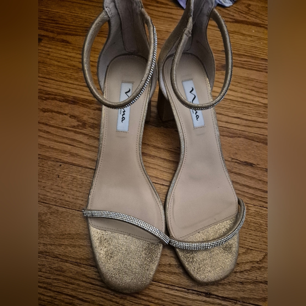 Gold Nina Sling Back Sandal, Chunky heel, Open Toe, Bridal, Prom Shoe Rhinestone